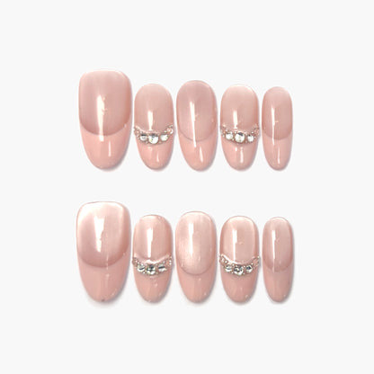 Athena Press-On Nails – Soft Nude Cat Eye with Gems Chain, Medium Oval Full-Cover Set