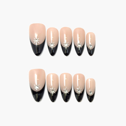 Evening Star Press-On Nails – Black French Tip with Star-Shaped Gems, Medium Almond Full-Cover Set
