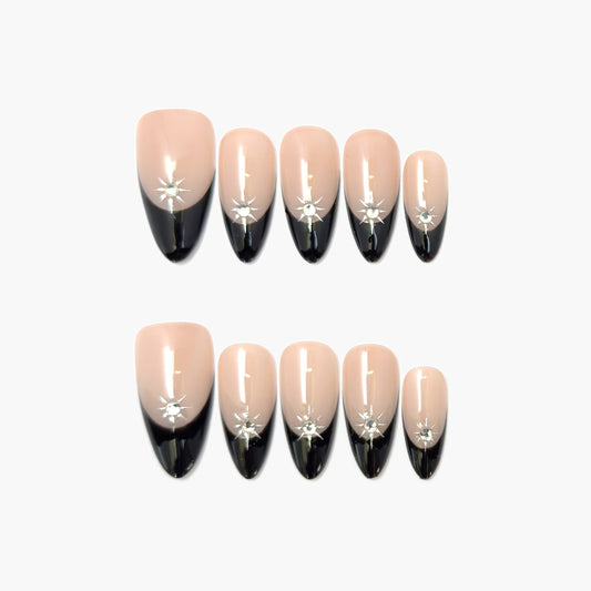 Evening Star Press-On Nails – Black French Tip with Star-Shaped Gems, Medium Almond Full-Cover Set