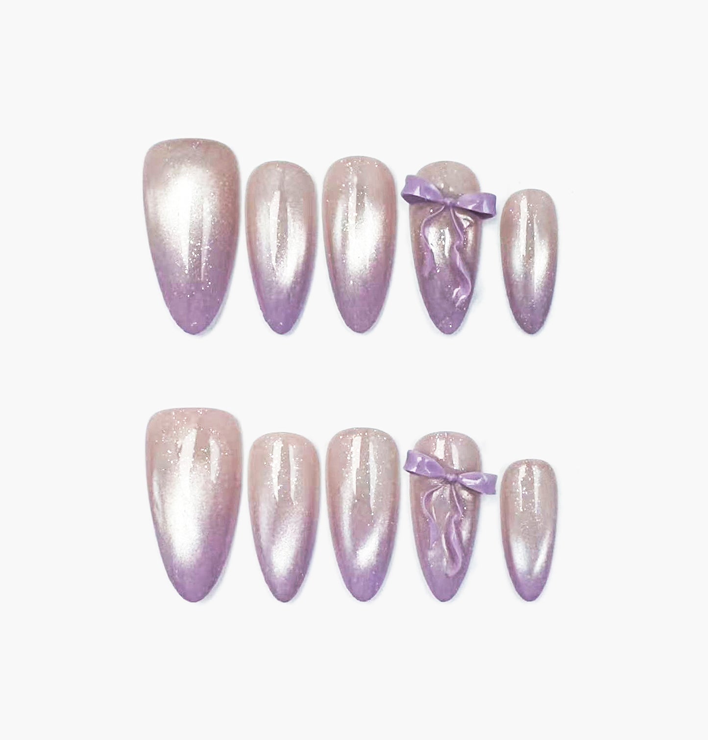 Dollie Press-On Nails – Deep Lilac Gradient with 3D Purple Bow, Medium Almond Full-Cover Set