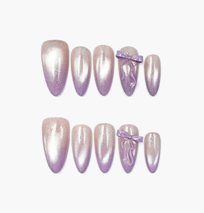 Dollie Press-On Nails – Deep Lilac Gradient with 3D Purple Bow, Medium Almond Full-Cover Set