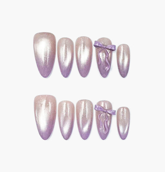 Dollie Press-On Nails – Deep Lilac Gradient with 3D Purple Bow, Medium Almond Full-Cover Set
