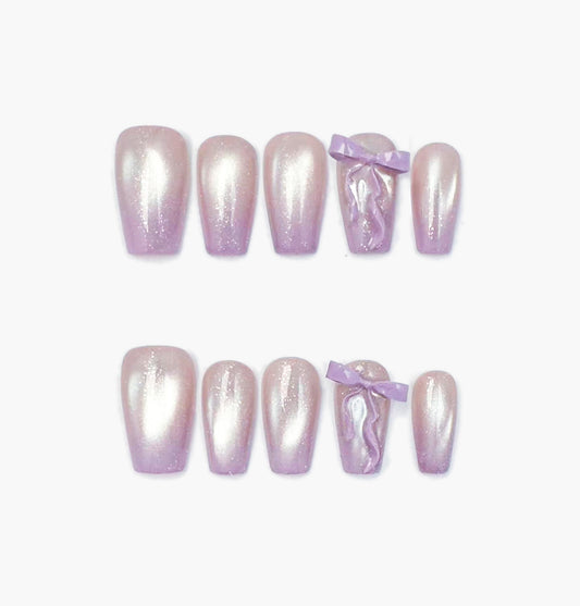 Dollie Press-On Nails – Deep Lilac Gradient with 3D Purple Bow, Medium Coffin Full-Cover Set