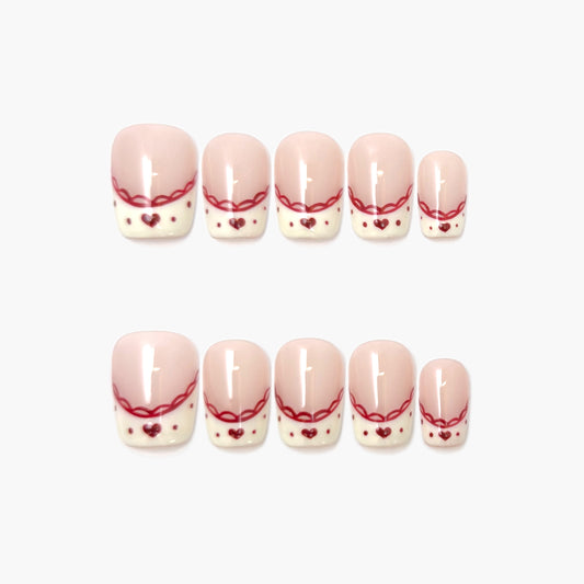 Sweet Heart Press-On Nails – Soft Pink with Red Heart French Tip, Short Coffin Full-Cover Set