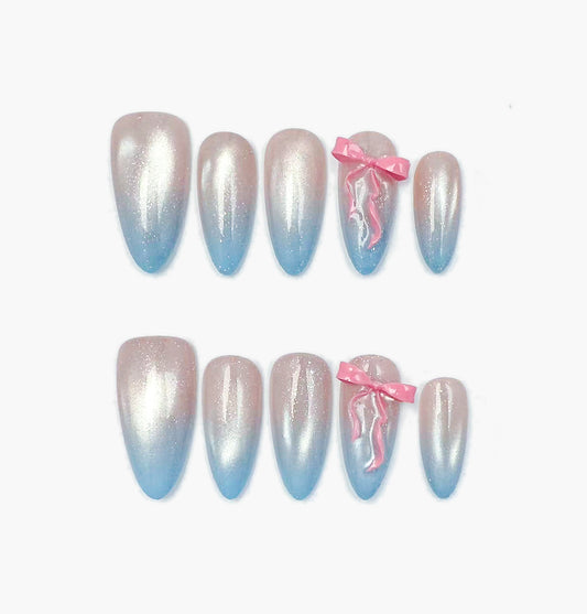 Baby Doll Press-On Nails – Silver & Light Blue Gradient with 3D Pink Bow, Medium Almond Full-Cover Set