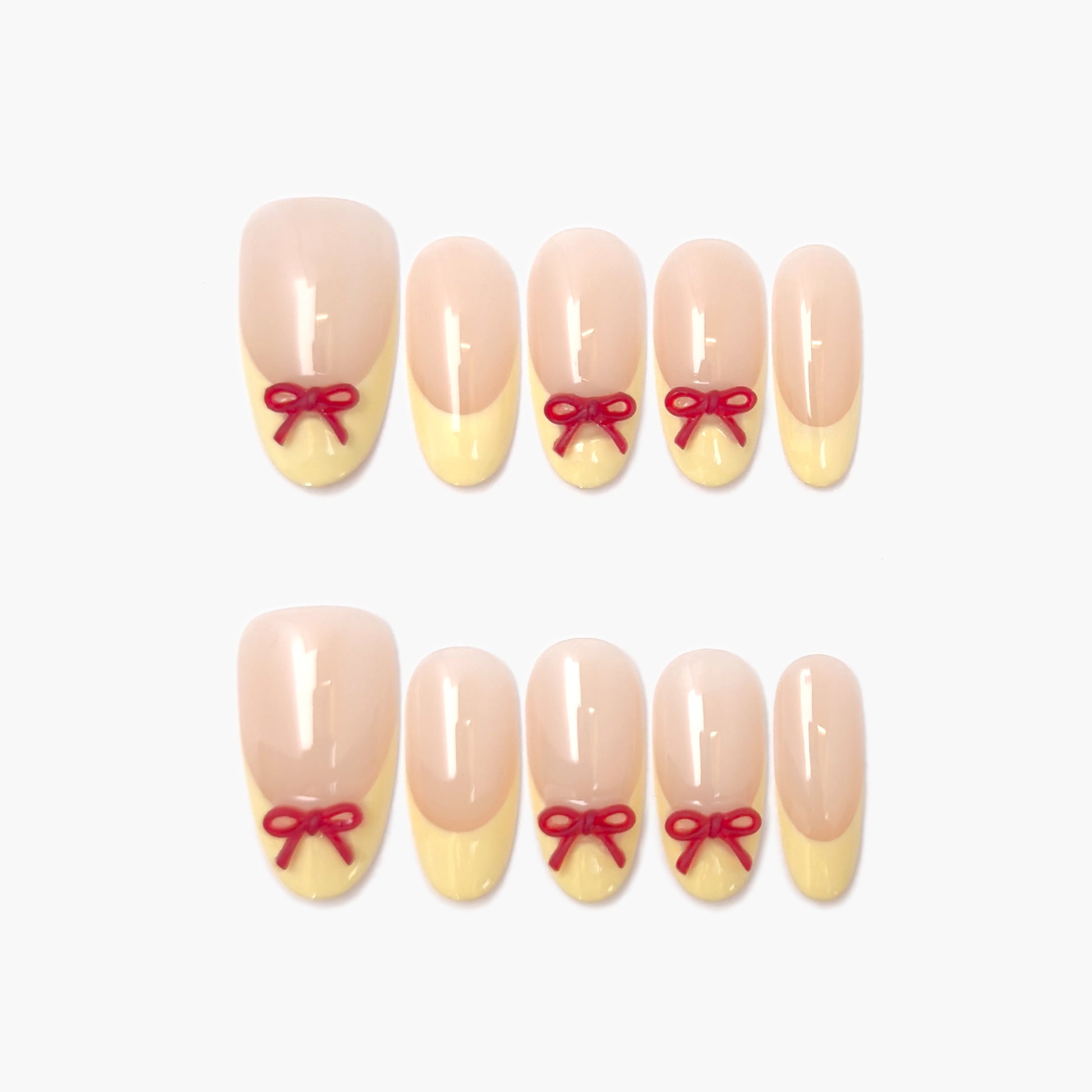 Buttercup Bow Press-On Nails – Sheer Nude with Yellow French Tip and 3D Red Bow, Medium Oval Full-Cover Set