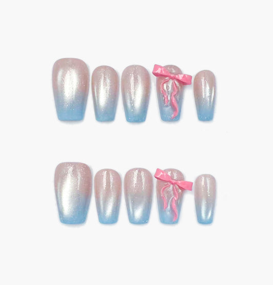 Baby Doll Press-On Nails – Silver & Light Blue Gradient with 3D Pink Bow, Short Coffin Full-Cover Set