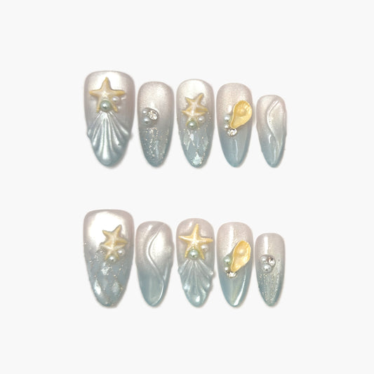 Beachside Stroll Press-On Nails – Blue Gradient Cat Eye with 3D Starfish & Seashell Accents, Medium Almond Full-Cover Set, diamond, pearl
