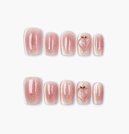 Peachy Press-On Nails – Pink & Gold Glitter with 3D Peach Design, short square Full-Cover Set