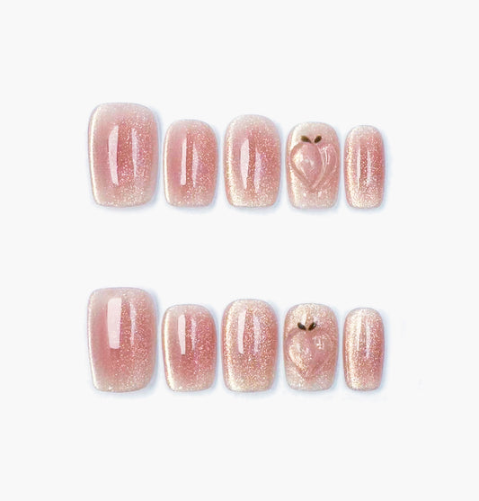 Peachy Press-On Nails – Pink & Gold Glitter with 3D Peach Design, short square Full-Cover Set