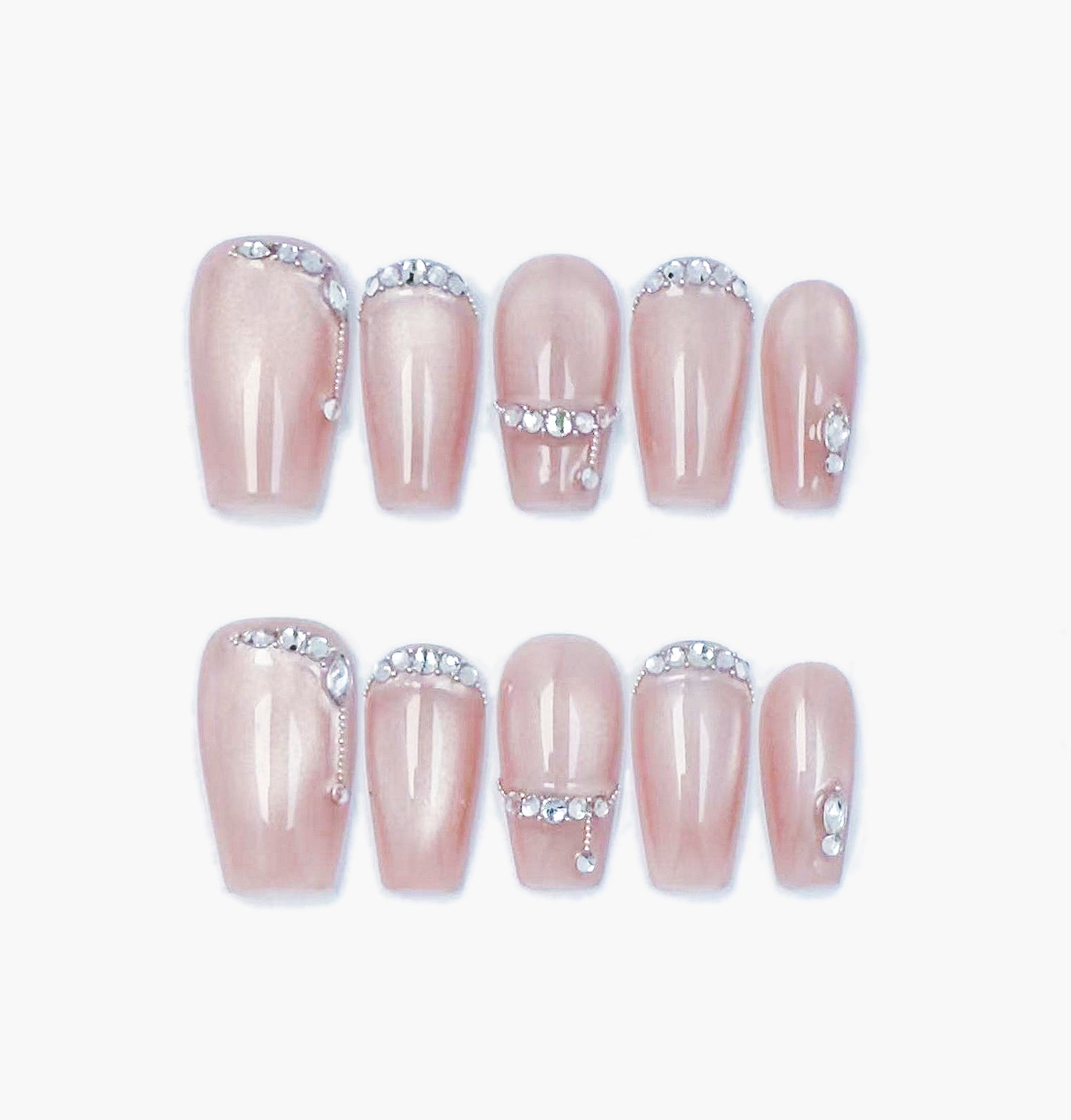 Gems Blush Press-On Nails – Soft Pink Cat Eye with Gems Clusters, Medium Coffin Full-Cover Set