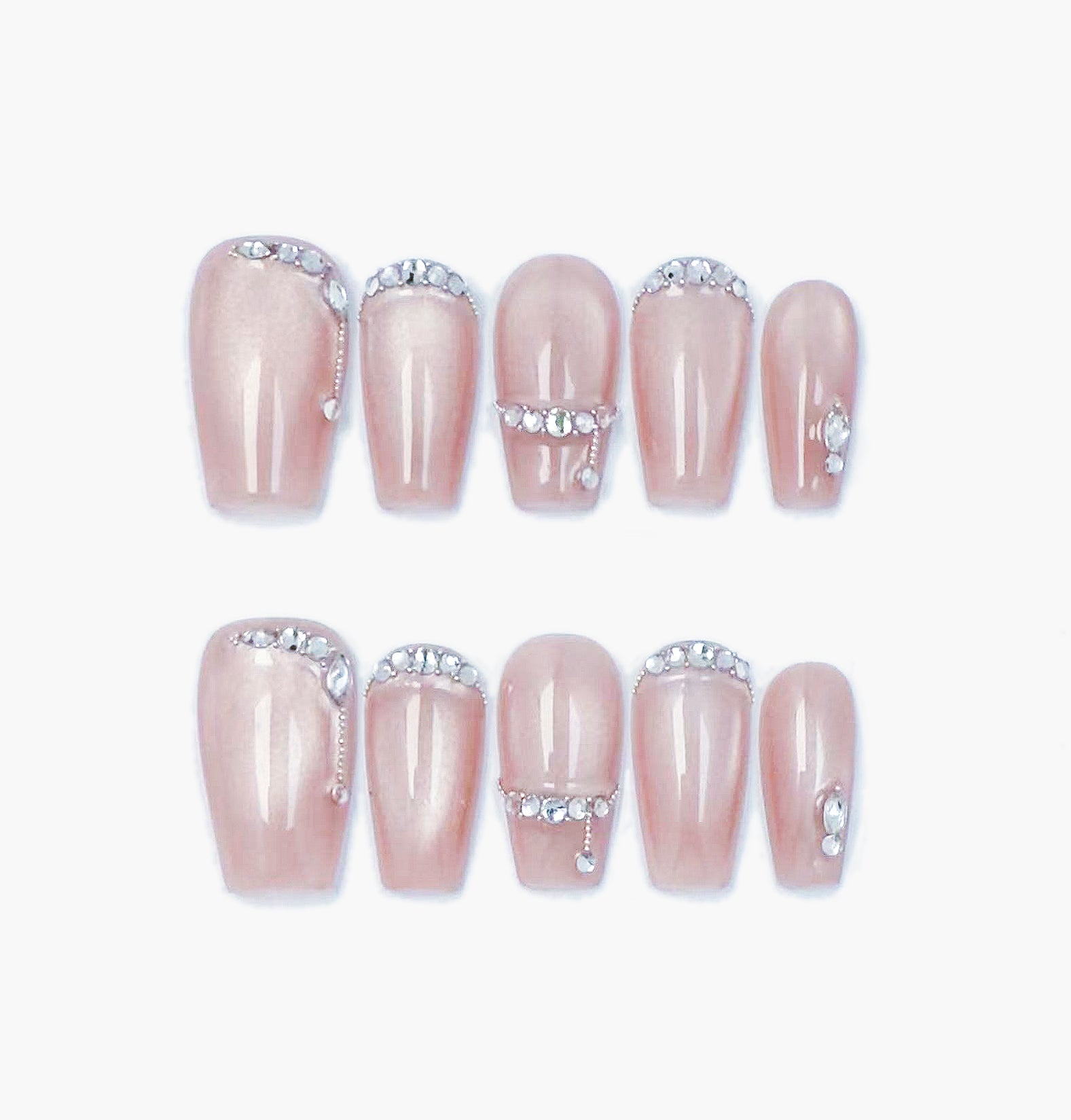 Gems Blush Press-On Nails – Soft Pink Cat Eye with Gems Clusters, Medium Coffin Full-Cover Set