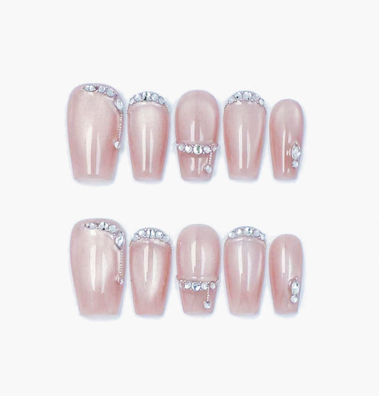 Gems Blush Press-On Nails – Soft Pink Cat Eye with Gems Accents, Medium Coffin Full-Cover Set