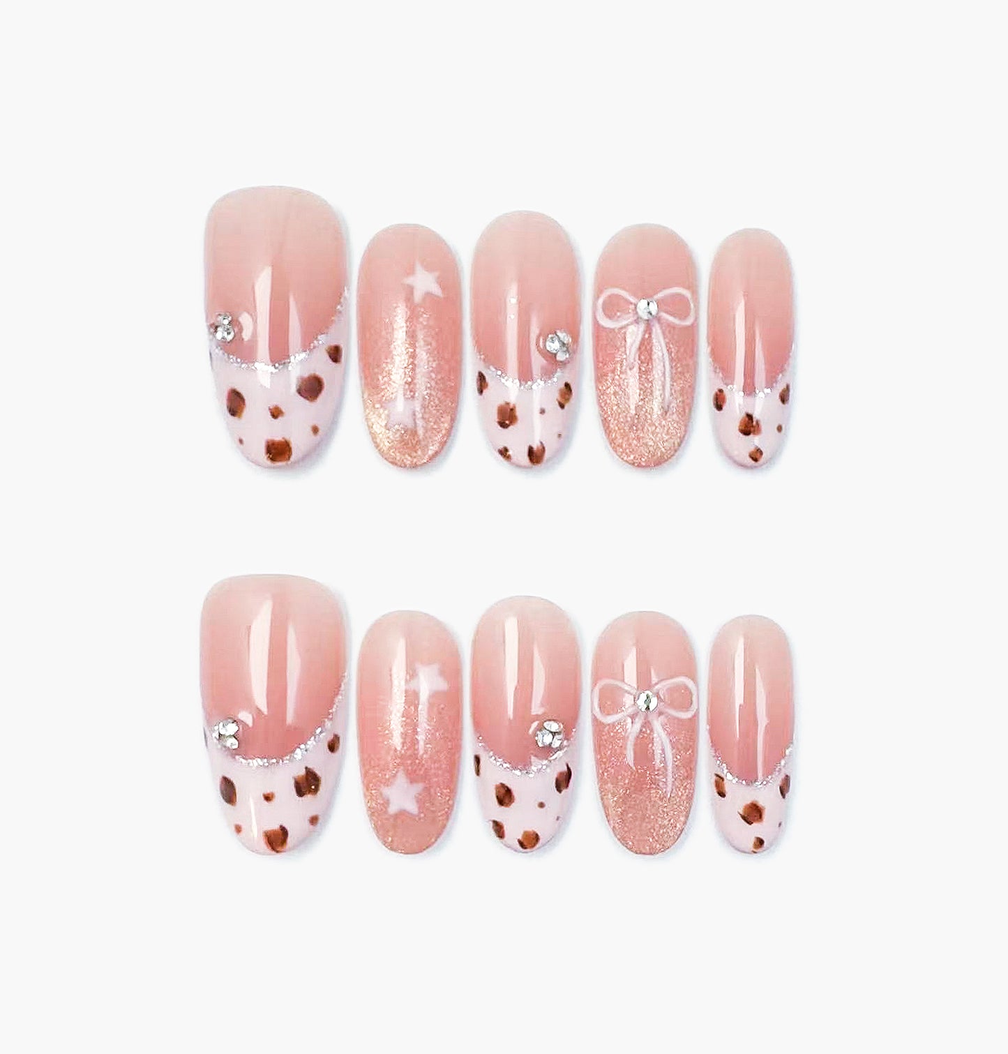 Cowgirls Press-On Nails – Warm Nude French Tip with Star & Pink Bow Accents, Medium Oval Full-Cover Set