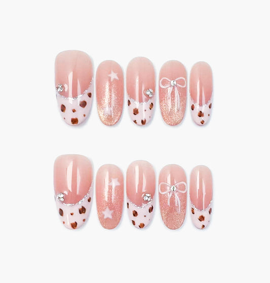 Cowgirls Press-On Nails – Warm Nude French Tip with Star & Pink Bow Accents, Medium Oval Full-Cover Set