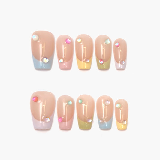 Cotton Candy Press-On Nails – Pastel Mint, Pink & Yellow French Tips with Gemstone Accents, Medium Coffin Full-Cover Set