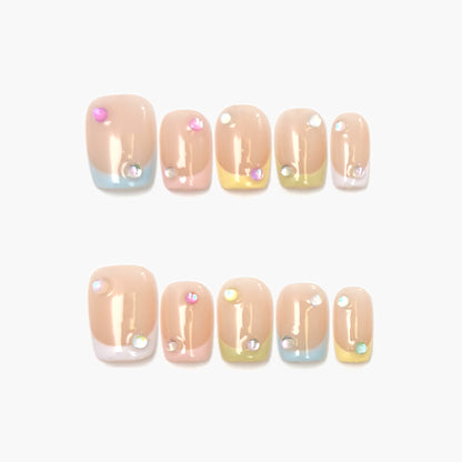 Cotton Candy Press-On Nails – Pastel Mint, Pink & Yellow French Tips with Gemstone Accents, Short Coffin Full-Cover Set