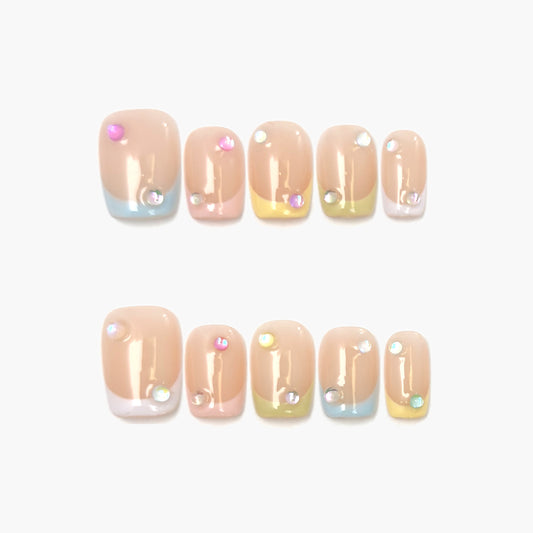 Cotton Candy Press-On Nails – Pastel Mint, Pink & Yellow French Tips with Gemstone Accents, Short Coffin Full-Cover Set