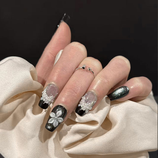 Eclipse Cat Eye 3D Flower Press-On Nails – Black Silver Gradient Design, Worn on Hand
