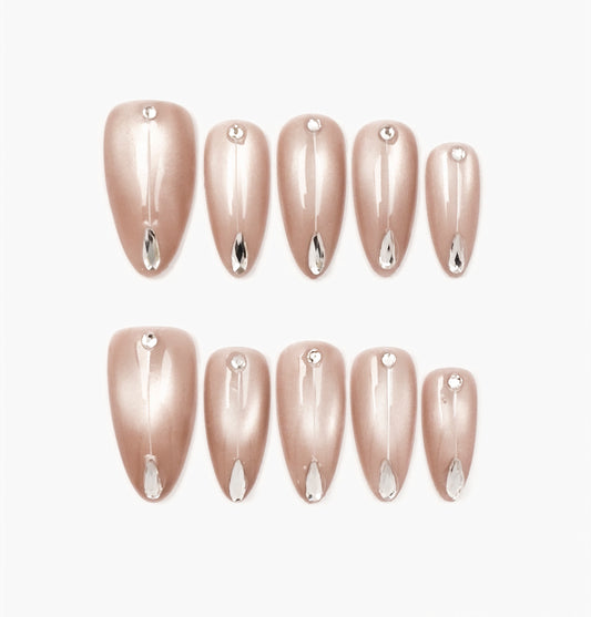 Nude Drop Press-On Nails – Soft Champagne Cat Eye with Teardrop Diamond, Medium Almond Full-Cover Set