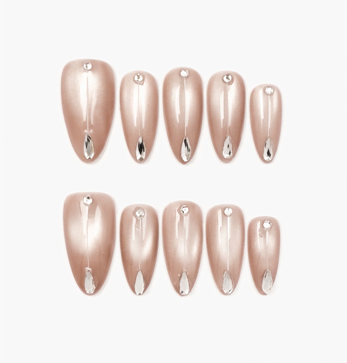 Nude Drop Press-On Nails – Soft Champagne Cat Eye with Teardrop Gems, Medium Almond Full-Cover Set