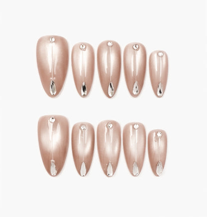 Nude Drop Press-On Nails – Soft Champagne Cat Eye with Teardrop Gems, Medium Almond Full-Cover Set