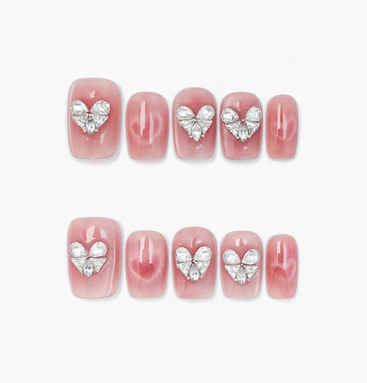 Dear Lover Press-On Nails – Rose Pink Cat Eye with 3D Gems Heart Charms, short square Full-Cover Set