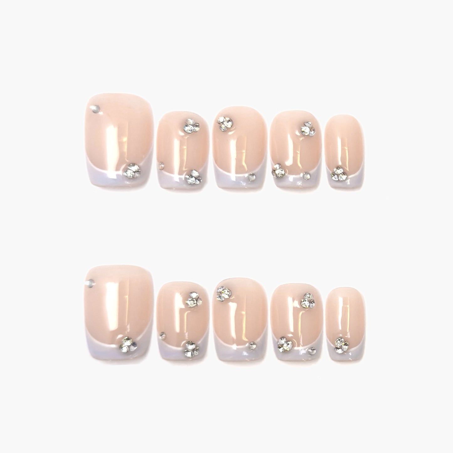 Gems Dew Press-On Nails – Nude Cat Eye with Light Purple French Tips & Gems Accents, Short Coffin Full-Cover Set