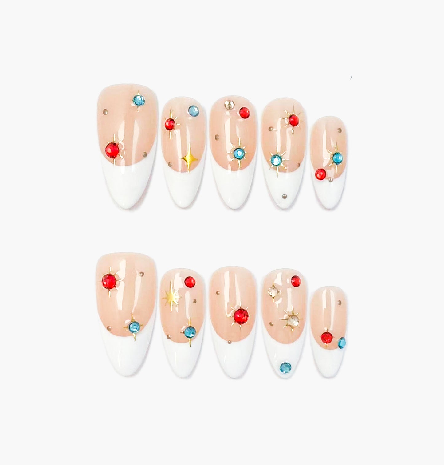 Celestial Press-On Nails – Nude French Tip with Colorful Gemstones, Medium Almond Full-Cover Set