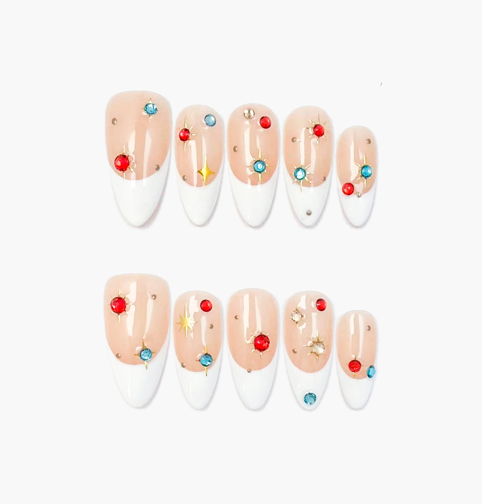Celestial Press-On Nails – Nude French Tip with Colorful Gemstones, Medium Almond Full-Cover Set