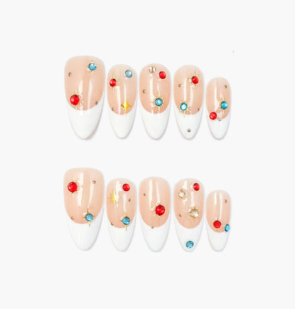 Celestial Press-On Nails – Nude French Tip with Colorful Gemstones, Medium Almond Full-Cover Set