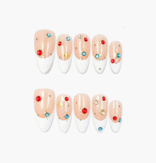 Celestial Press-On Nails – Nude French Tip with Colorful Gemstones, Medium Almond Full-Cover Set
