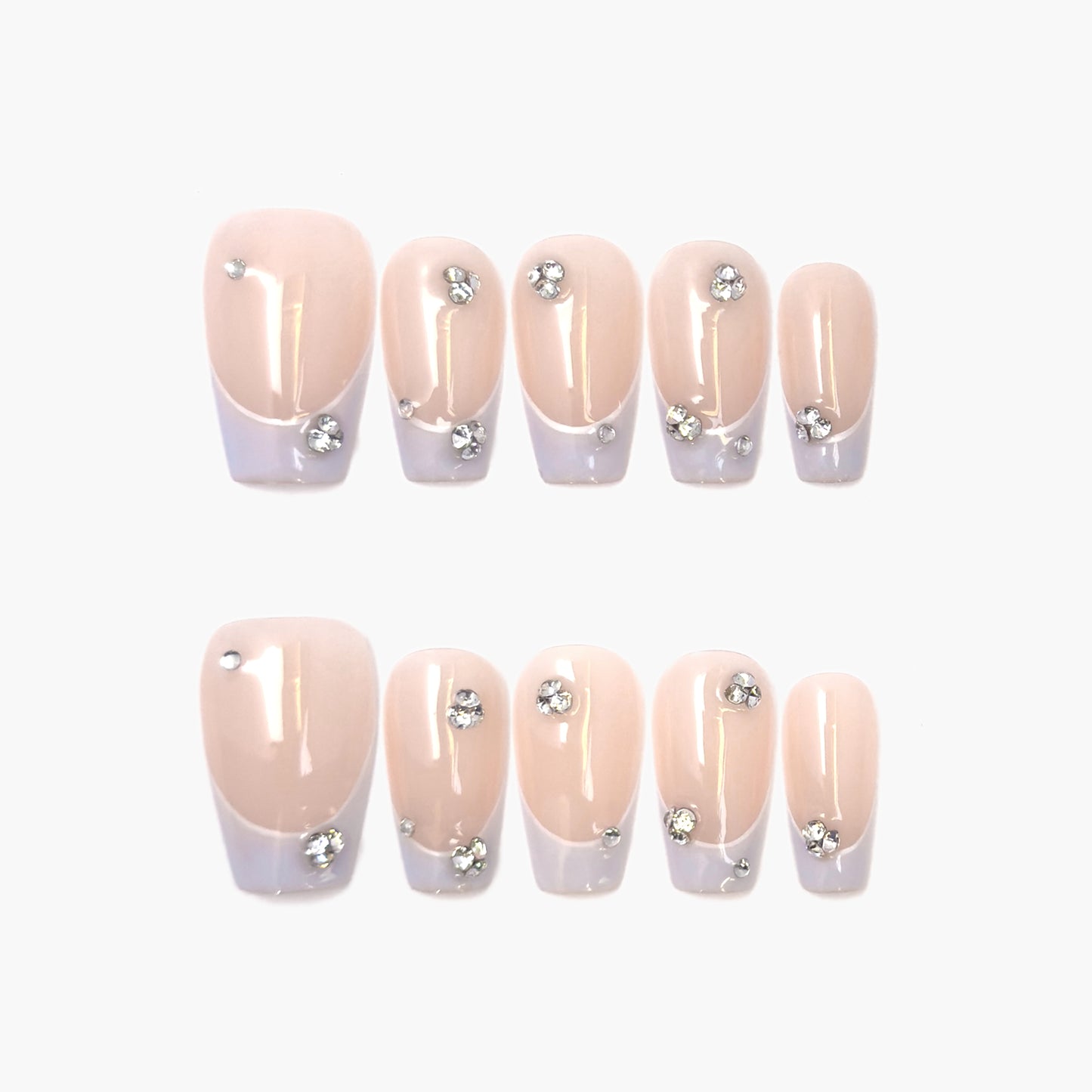 Gems Dew Press-On Nails – Nude Cat Eye with Light Purple French Tips & Gems Accents, Medium Coffin Full-Cover Set