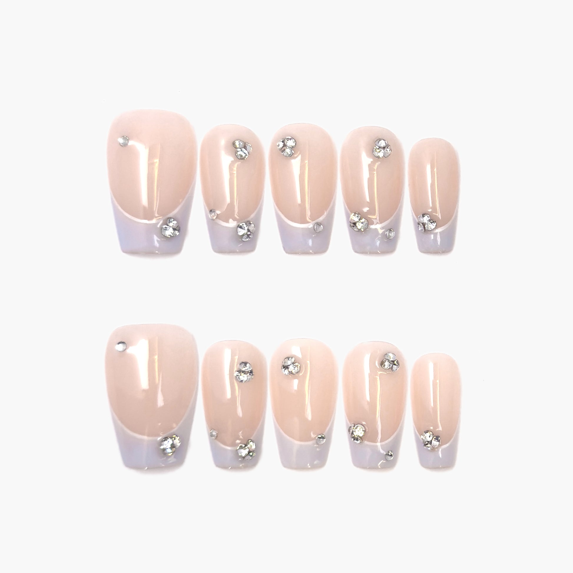 Gems Dew Press-On Nails – Nude Cat Eye with Light Purple French Tips & Gems Accents, Medium Coffin Full-Cover Set