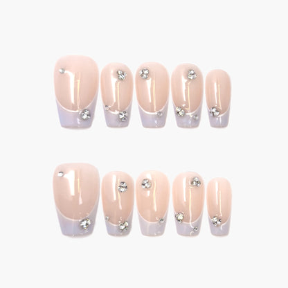 Gems Dew Press-On Nails – Nude Cat Eye with Light Purple French Tips & Gems Accents, Medium Coffin Full-Cover Set