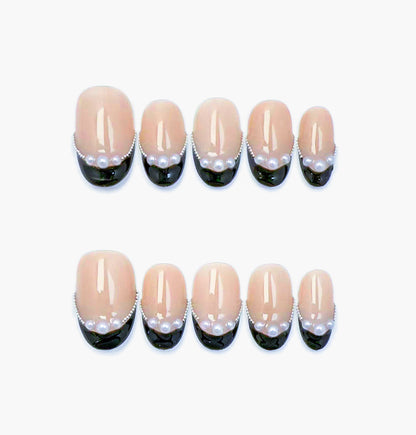 Black Velvet Press-On Nails – Sheer Nude French Tip with Pearls Accents, Short Oval Full-Cover Set