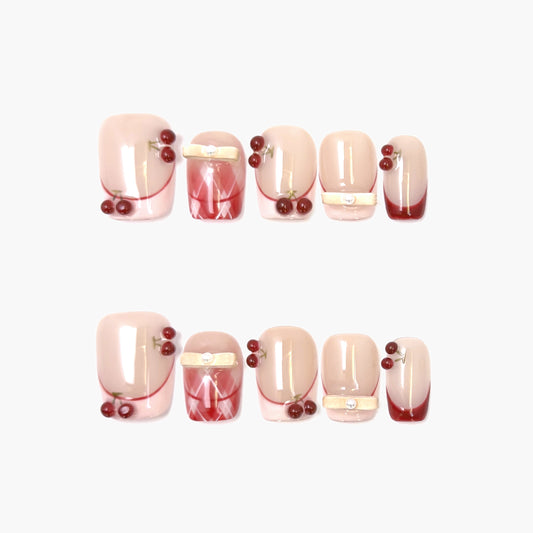 Cherry Crush Press-On Nails – Nude Base with Red French Tips & 3D Cherry Charms, Short Coffin Full-Cover Set