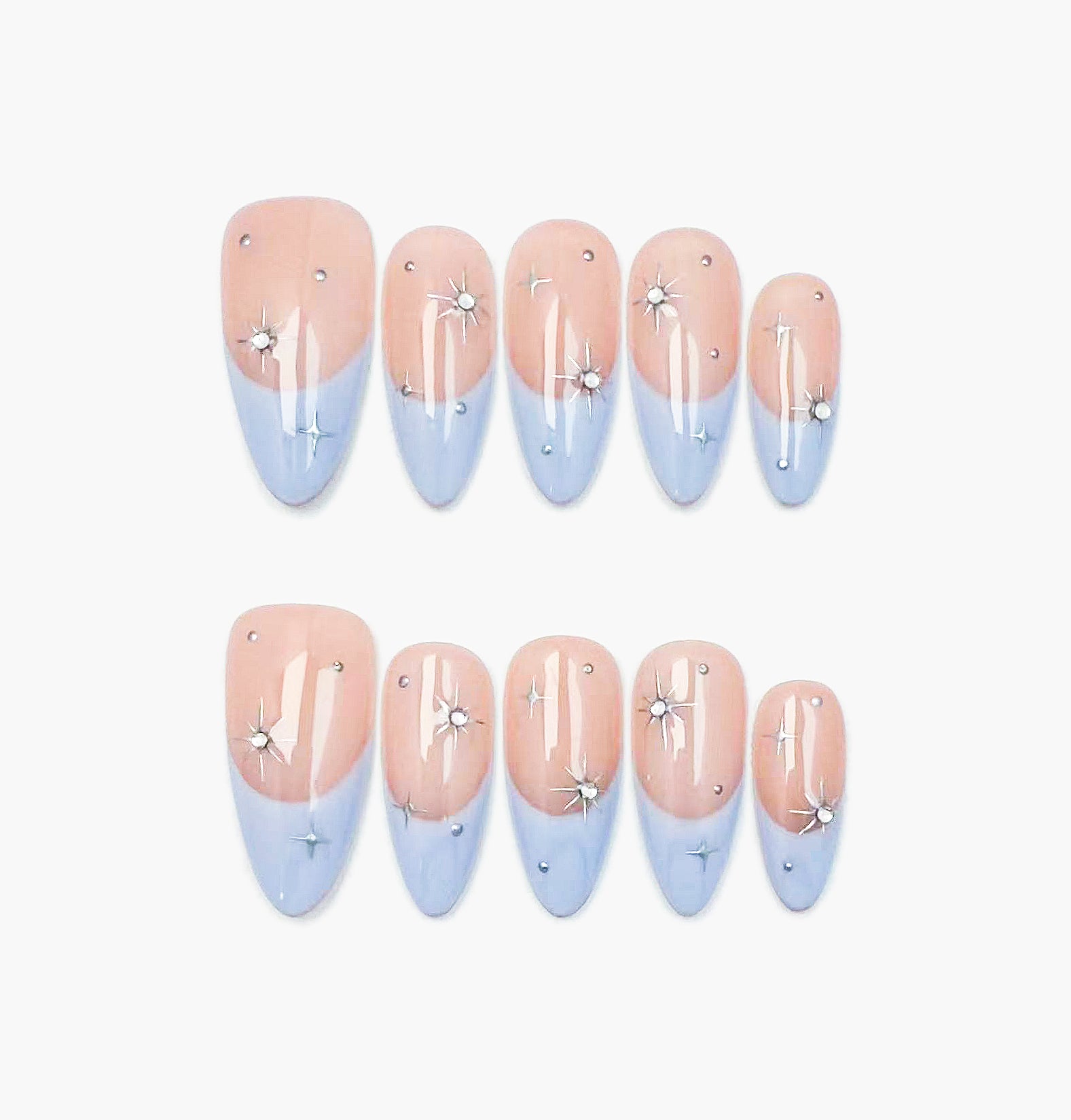 Cinderella Press-On Nails – Soft Nude French Tip with Gems Accents, Medium Almond Full-Cover Set