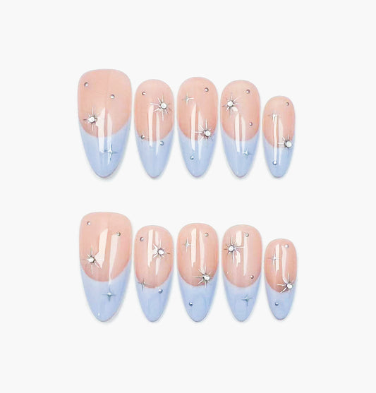 Cinderella Press-On Nails – Soft Nude French Tip with Gems Accents, Medium Almond Full-Cover Set