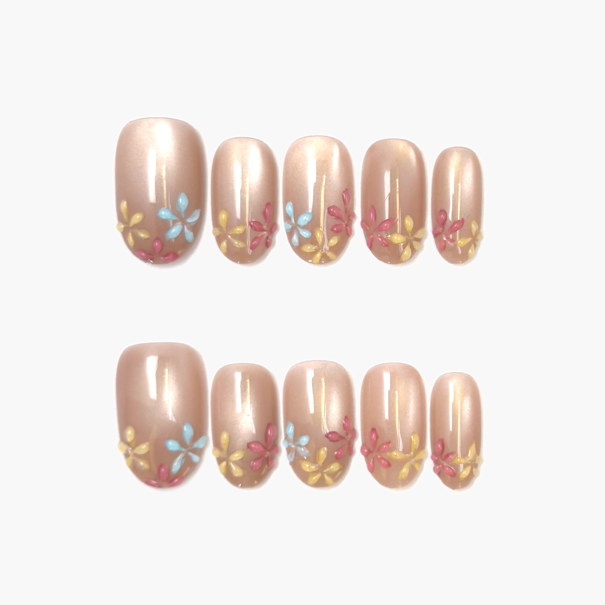 Petal Breeze Press-On Nails – Soft Gradient Cat Eye with 3D Purple Petal Accents, Short Oval Full-Cover Set