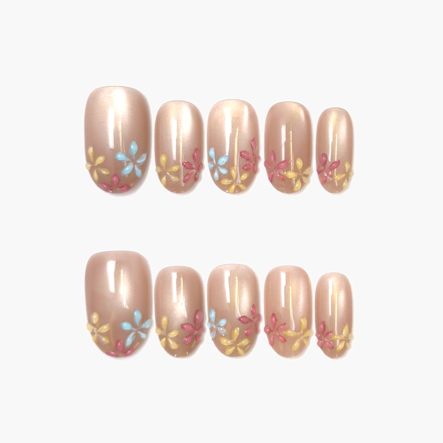 Petal Breeze Press-On Nails – Soft Gradient Cat Eye with 3D Purple Petal Accents, Short Oval Full-Cover Set