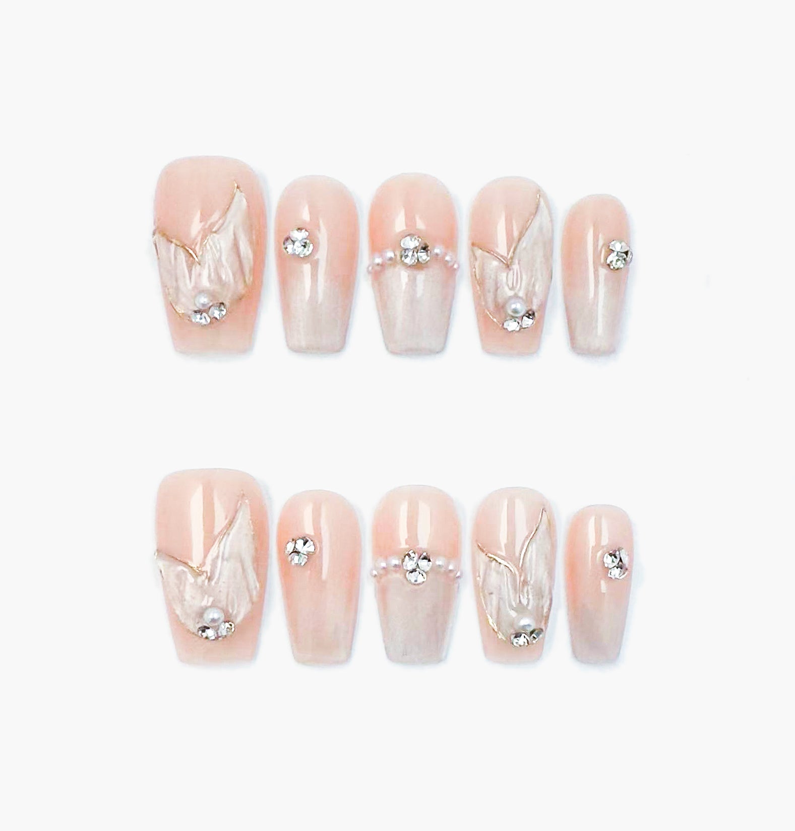 Mermaid Tales Press-On Nails – Nude Cat Eye with 3D Mermaid Tail Charms and Gems Accents, Medium Coffin Full-Cover Set