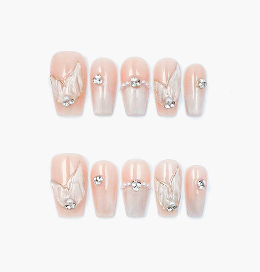 Mermaid Tales Press-On Nails – Nude Cat Eye with 3D Mermaid Tail Charms and Gems Accents, Medium Coffin Full-Cover Set