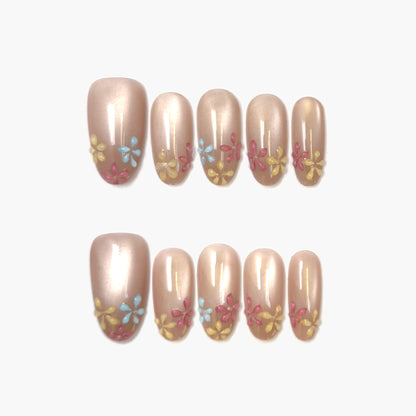 Petal Breeze Press-On Nails – Soft Gradient Cat Eye with 3D Purple Petal Accents, Medium Oval Full-Cover Set