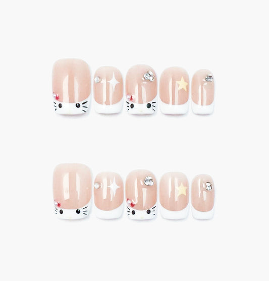 Peek a Boo Press-On Nails – Sheer Nude French Tip with Cat Face and Star Accents, short square Full-Cover Set