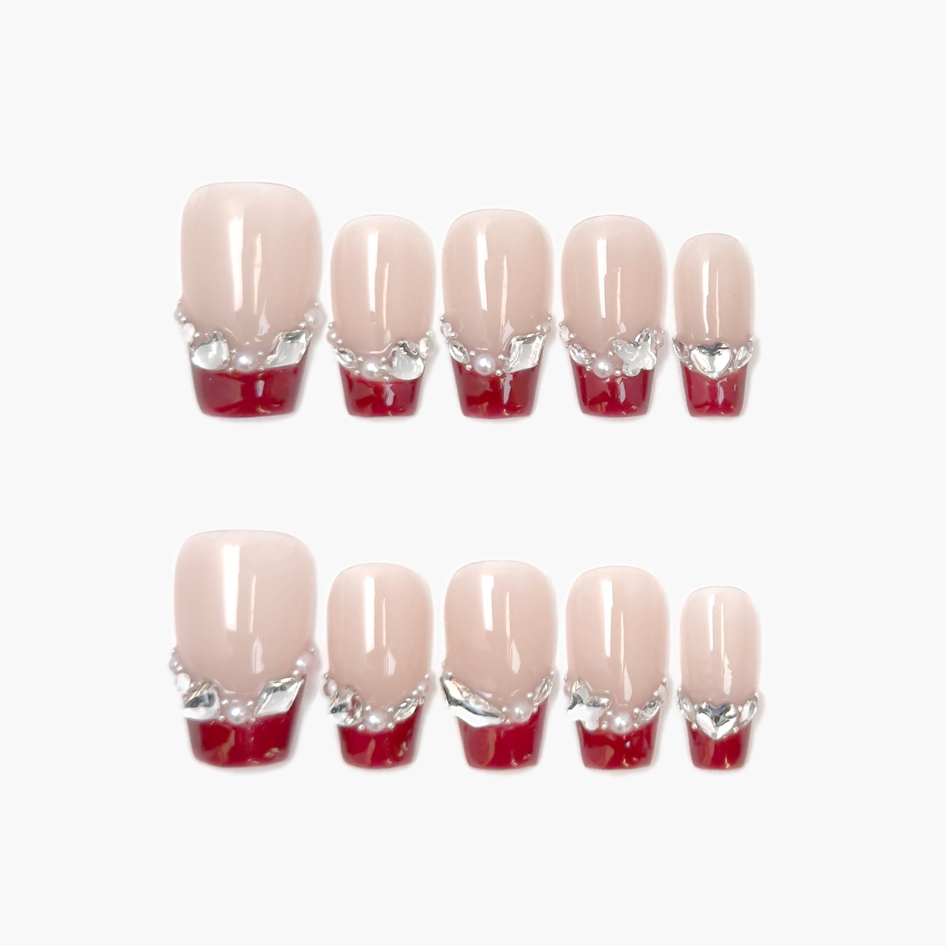 Waltz Press-On Nails – Nude French Tip with Teardrop Gems Accents, Medium Coffin Full-Cover Set