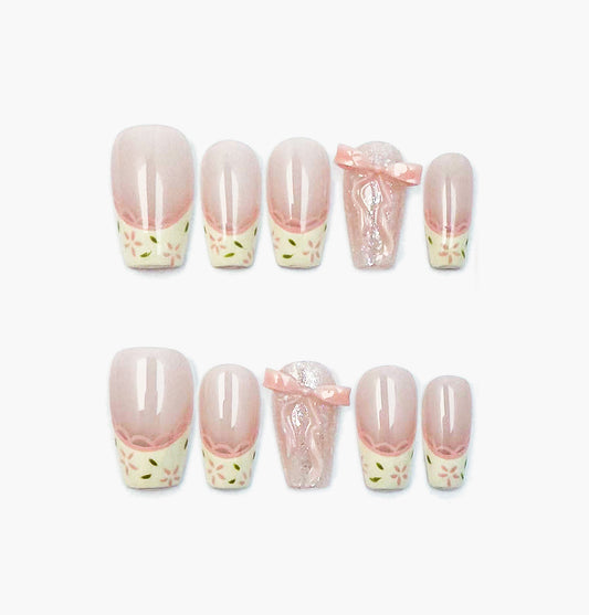 I Do Press-On Nails – Nude French Tip with 3D Pink Bow and Green Leaf Details, Medium Coffin Full-Cover Set
