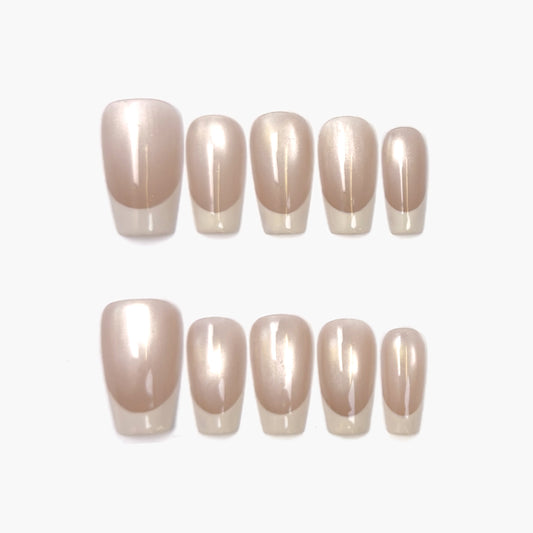 Nude Glow Press-On Nails – Nude Gradient Cat Eye with French Tips, Medium Coffin Full-Cover Set