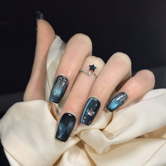 Midnight Butterfly Cat Eye Butterfly Press-On Nails – Dark Blue Gradient Design, Worn on Hand