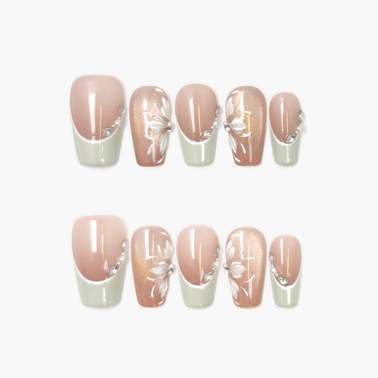 Tinker Bell Press-On Nails – Nude Base French Tip with Cat Eye and Gems Accents, Medium Coffin Full-Cover Set